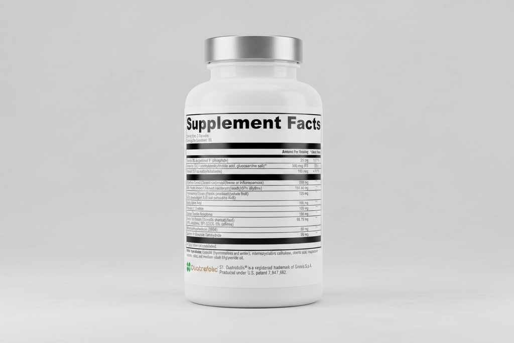 Supplement facts label with various nutrients listed on a white background