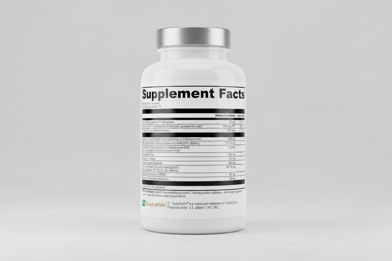 Supplement facts label with various nutrients listed on a white background