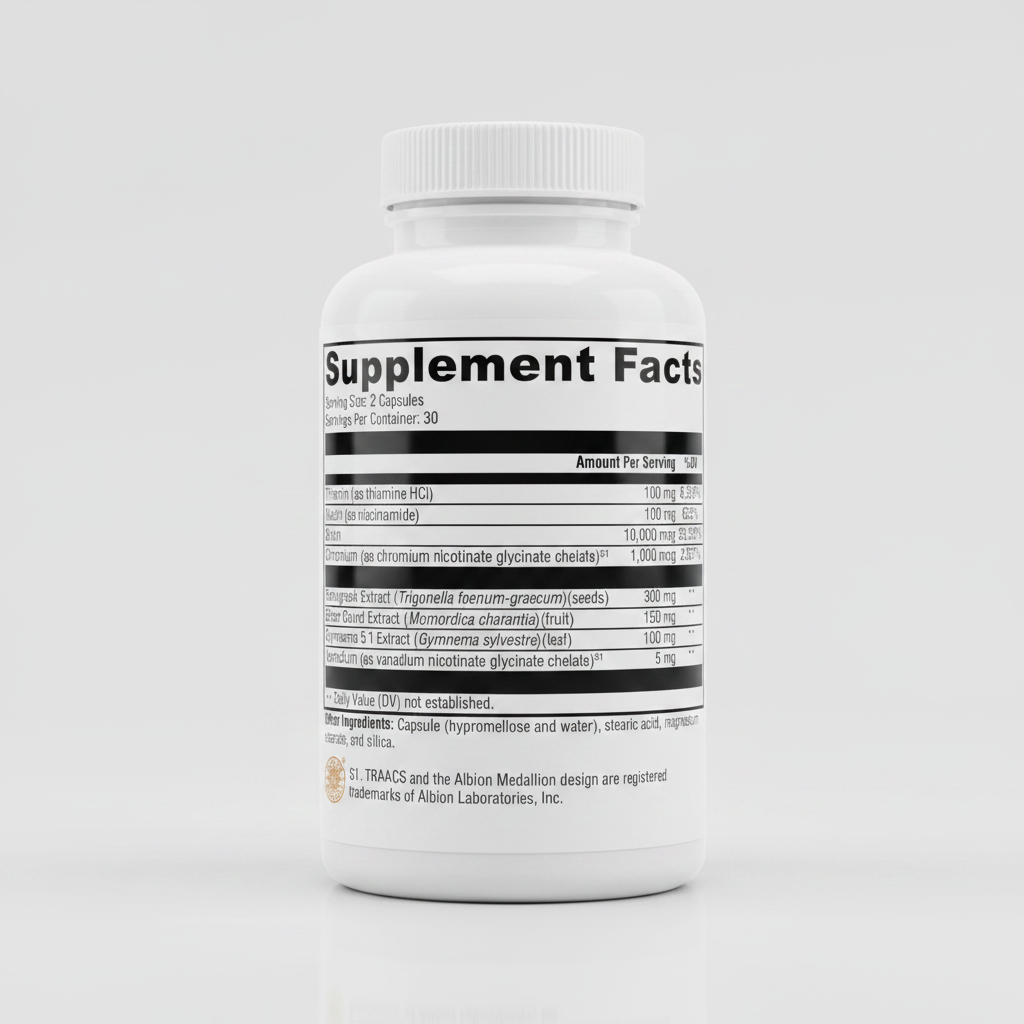 Supplement facts label with various nutrients and their amounts per serving.