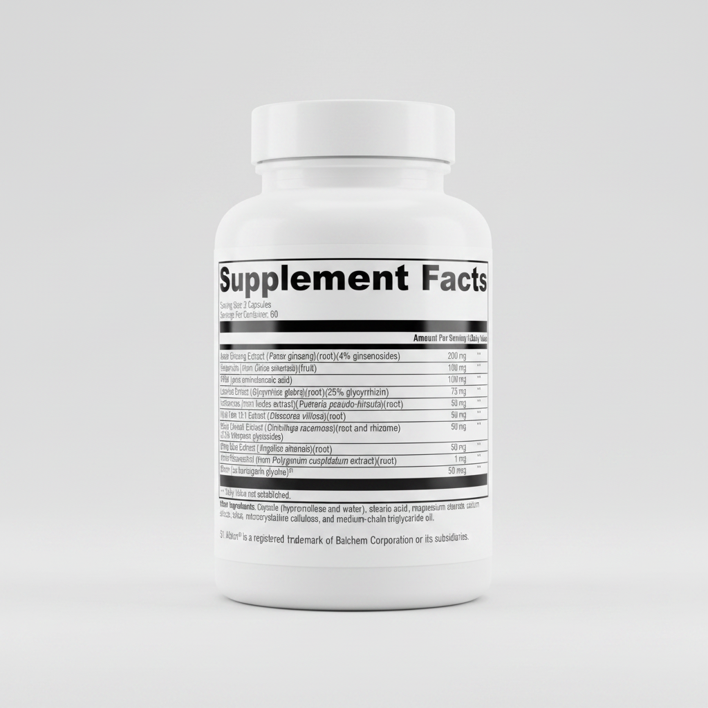 Supplement facts label with various herbal ingredients and their amounts per serving.
