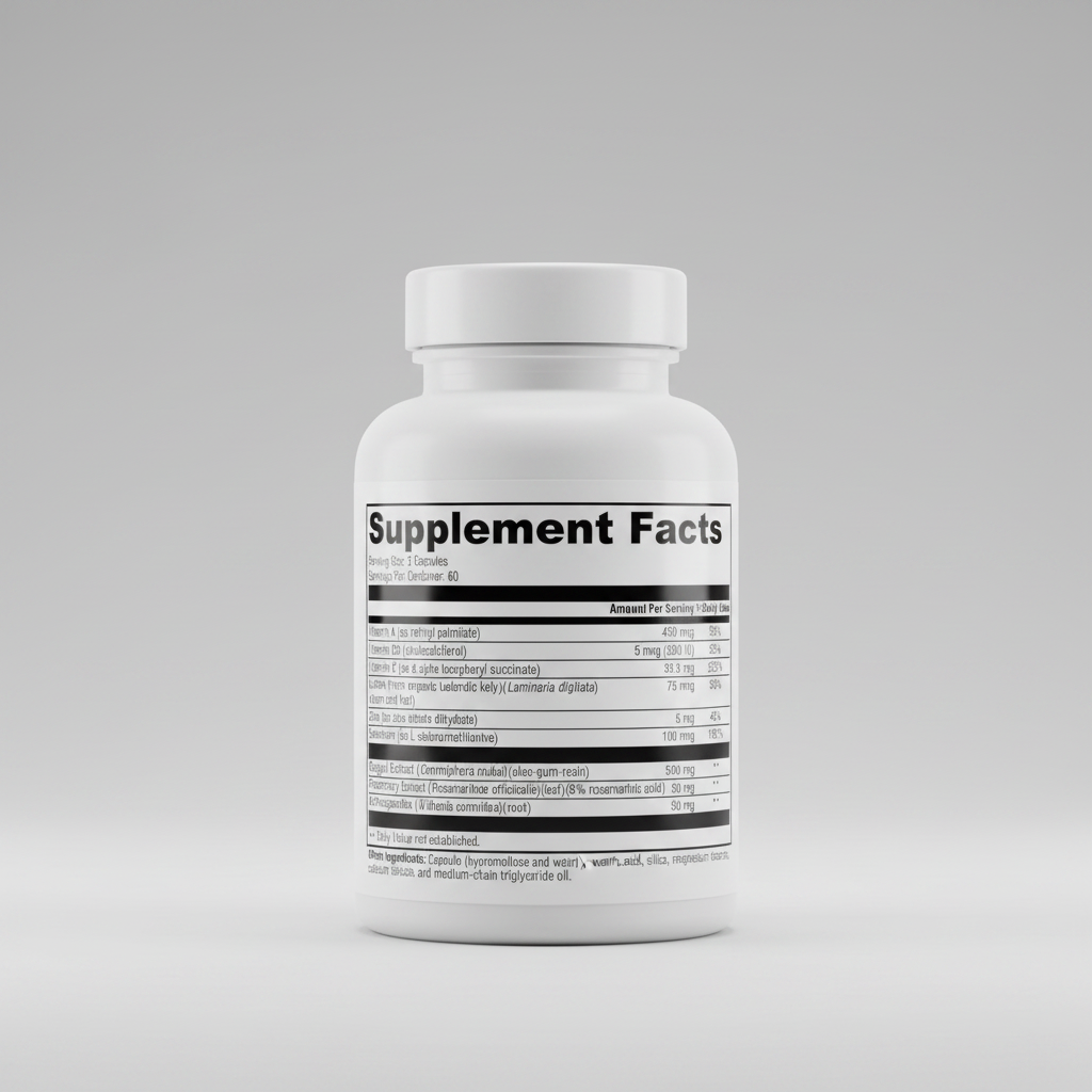 Supplement facts label with detailed nutritional information on a white background