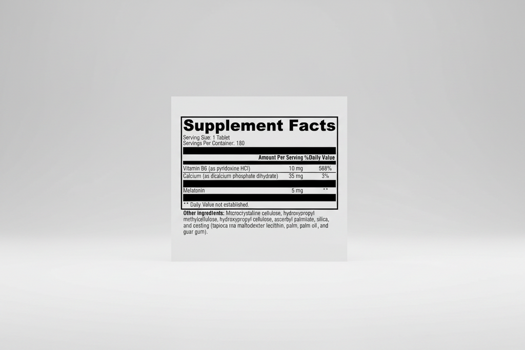 Supplement facts label with vitamins and minerals on a white background