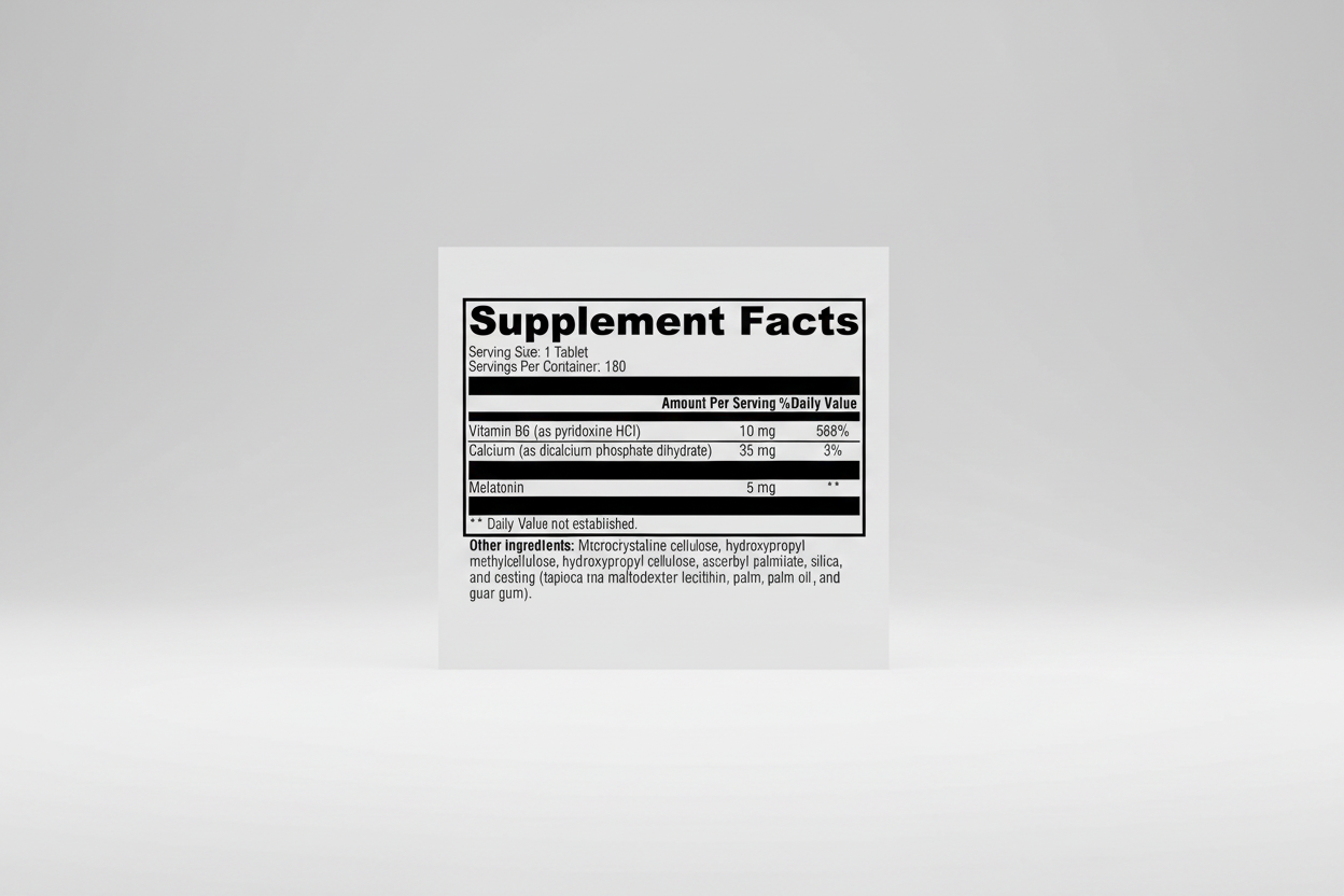Supplement facts label with vitamins and minerals on a white background