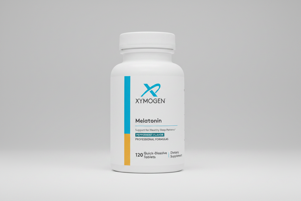 Bottle of Xymogen Melatonin dietary supplement on a white background