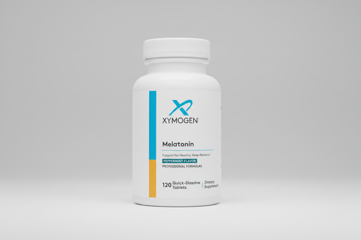 Bottle of Xymogen Melatonin dietary supplement on a white background