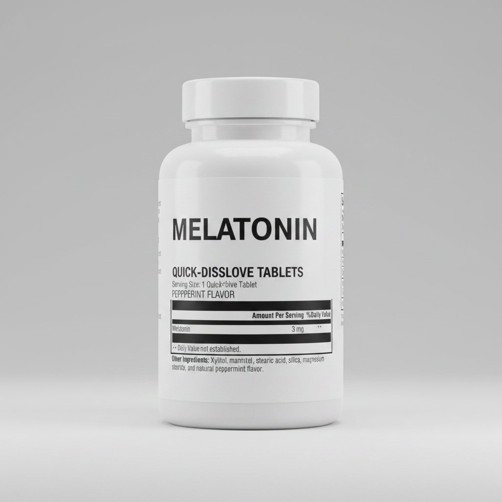 Supplement facts label for a quick-dissolve tablet with melatonin content.