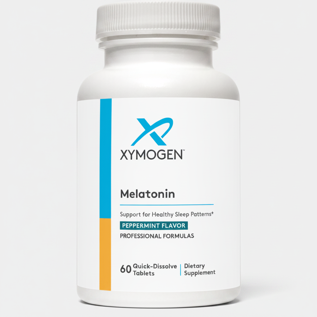 Xymogen Melatonin supplement bottle on a white background