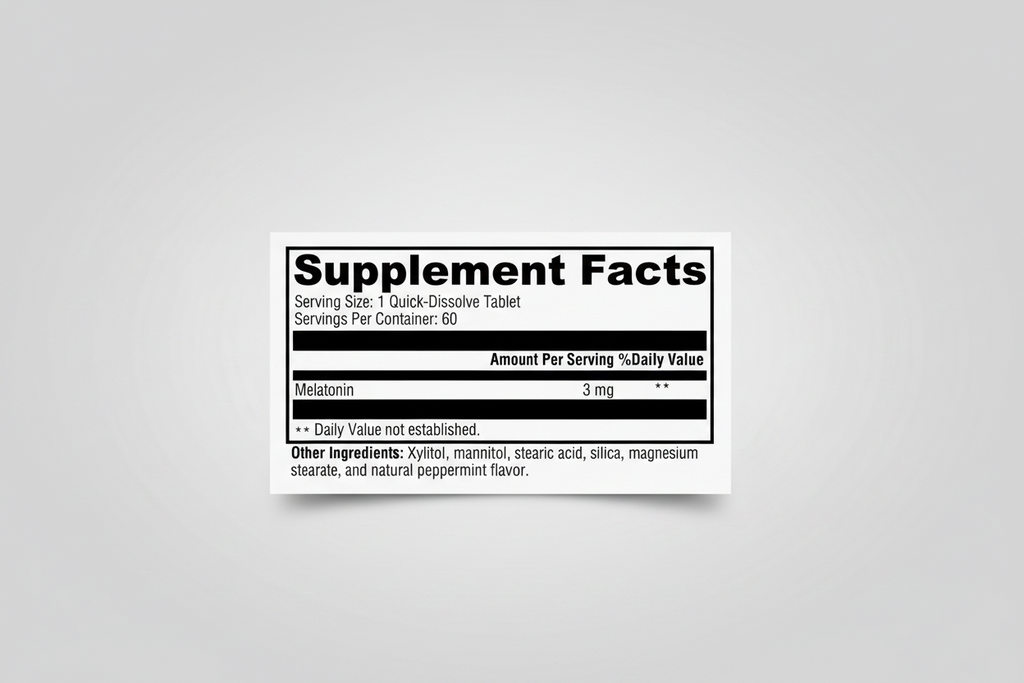Supplement facts label with melatonin content on a white background