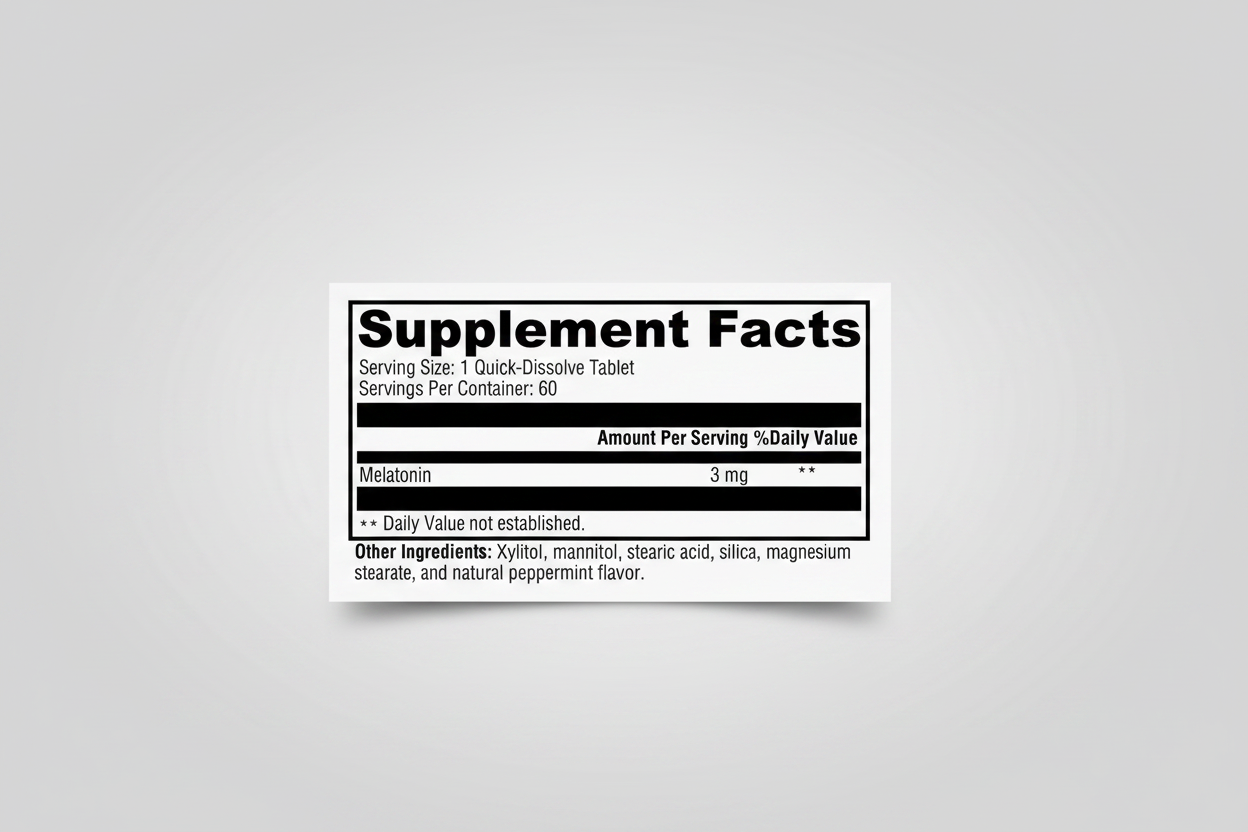 Supplement facts label with melatonin content on a white background