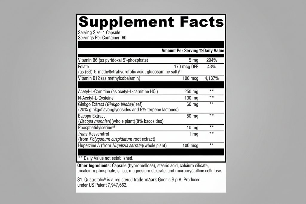 Supplement facts label with various vitamins and minerals listed