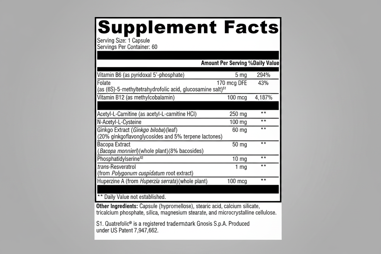 Supplement facts label with various vitamins and minerals listed