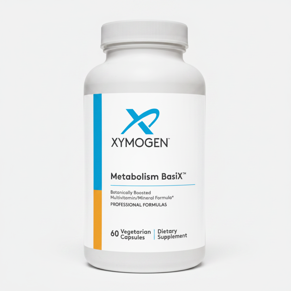 Supplement bottle labeled 'Xymogen Metabolism Basix' on a white background