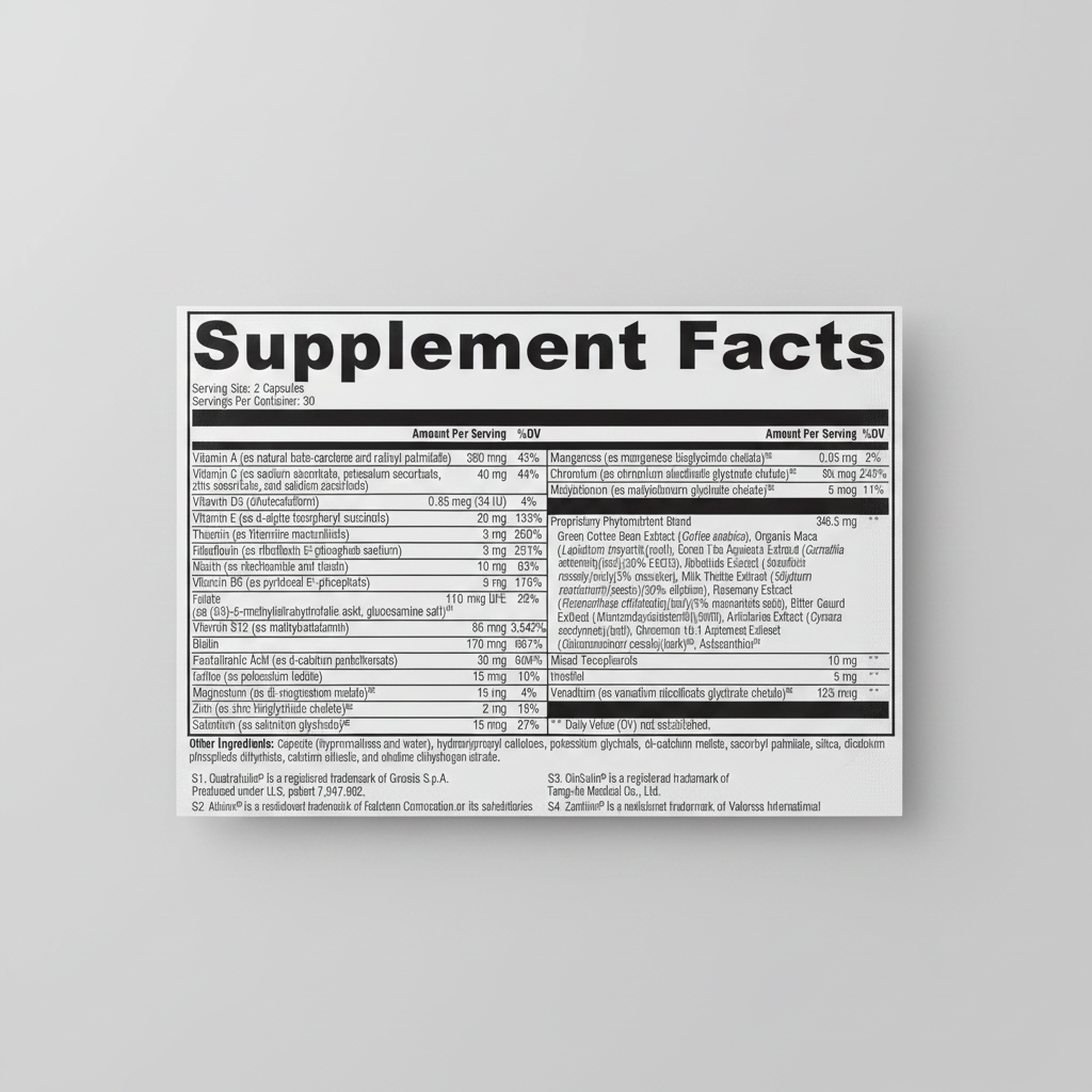 Supplement facts label with detailed nutritional information on a white background
