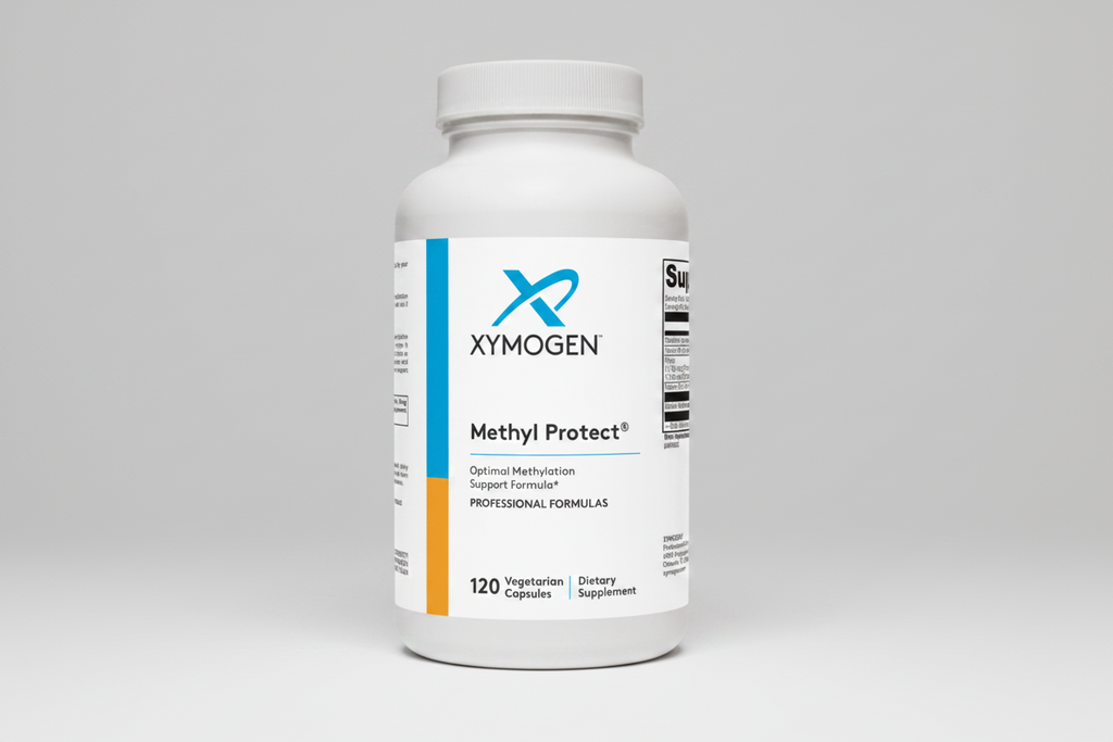 Supplement bottle labeled 'Methyl Protect' by Xymogen on a white background