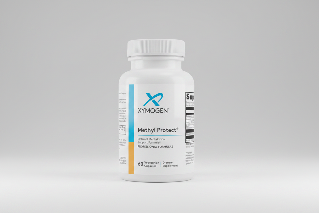 Supplement bottle labeled 'Xymogen Methyl Protect' on a white background