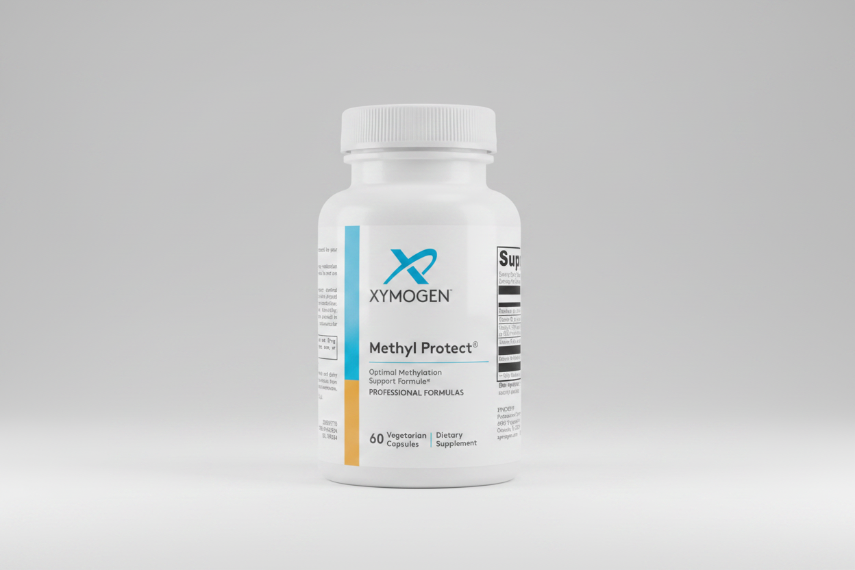 Supplement bottle labeled 'Xymogen Methyl Protect' on a white background