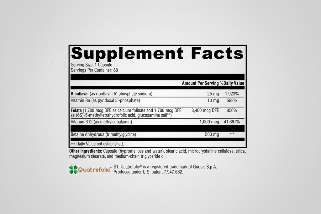 Supplement facts label with detailed nutritional information on a white background