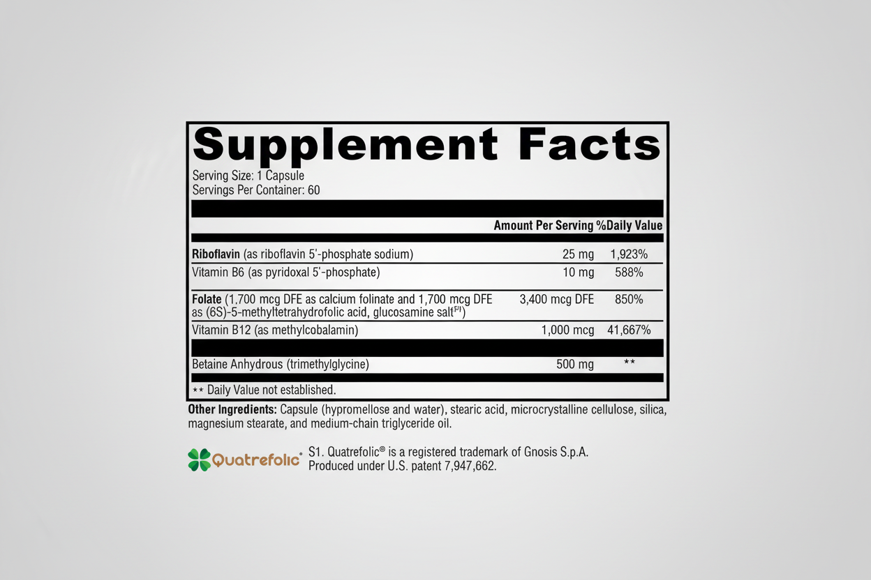 Supplement facts label with detailed nutritional information on a white background