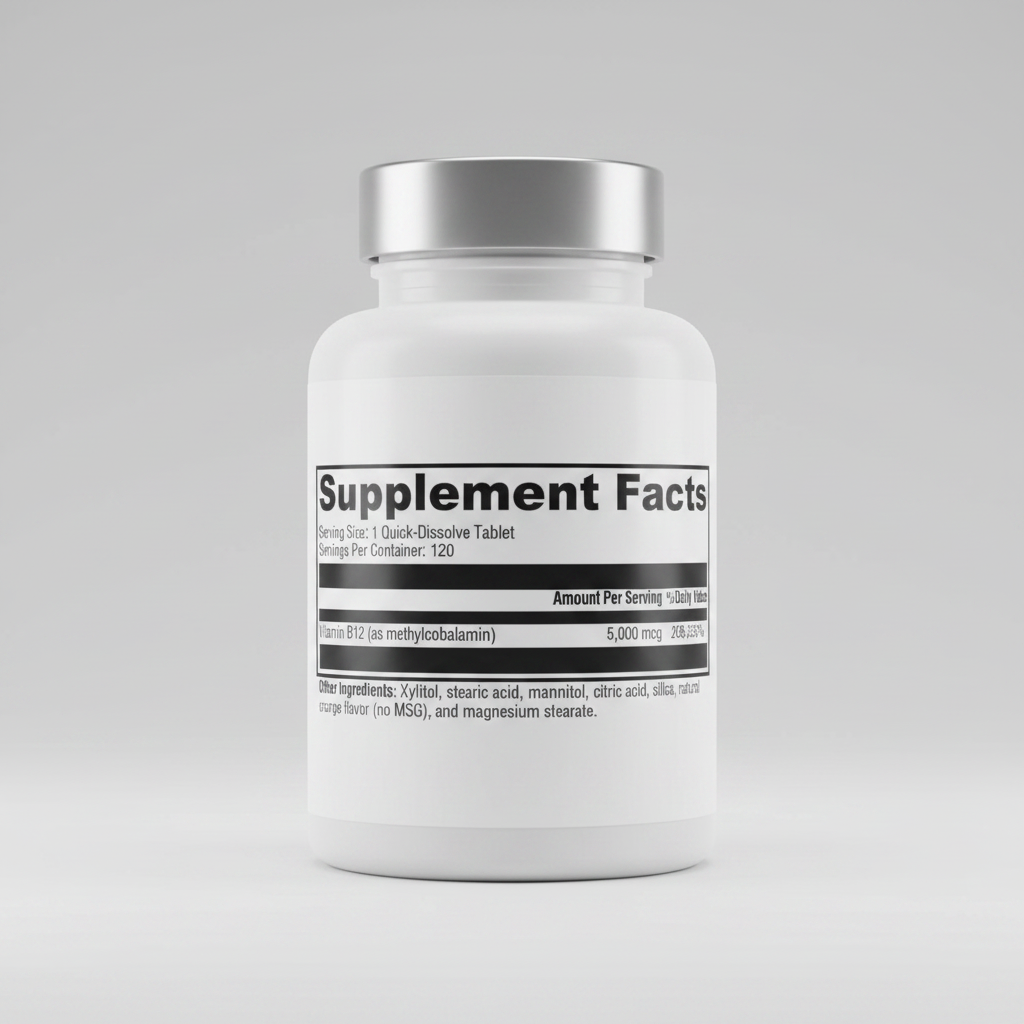 Supplement facts label with vitamin B12 information on a white background