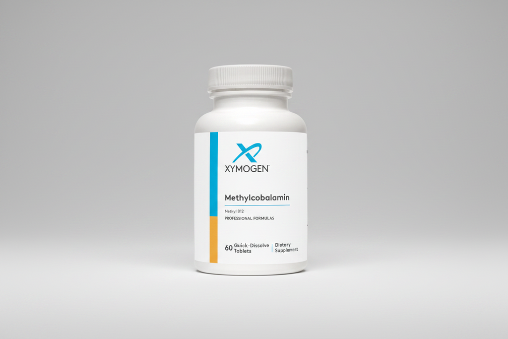 Bottle of Xymogen Methylcobalamin dietary supplement on a white background