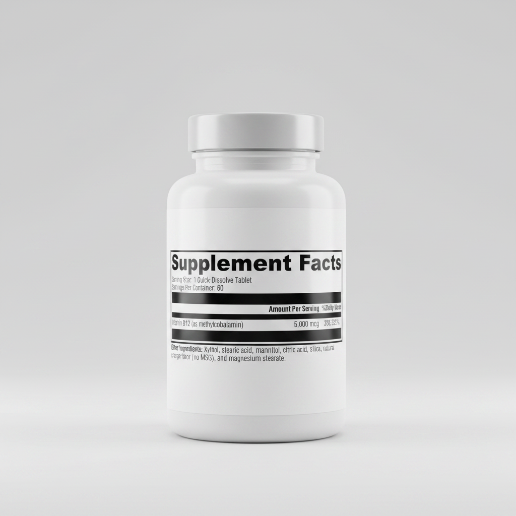 Supplement facts label with vitamin B12 information on a white background