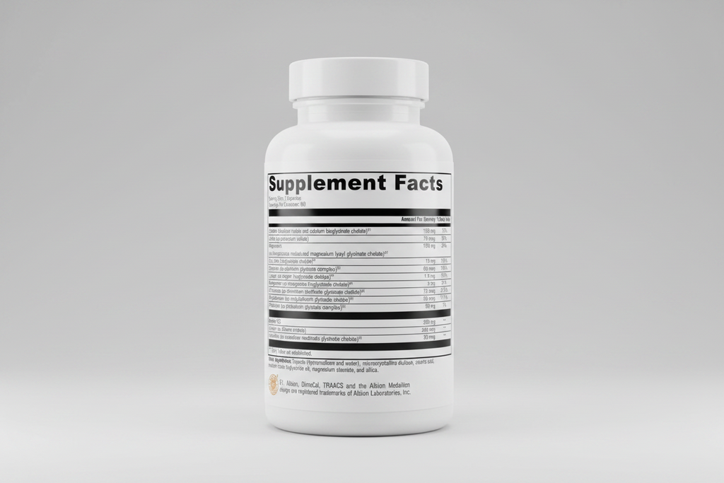 Supplement facts label with detailed nutritional information on a white background
