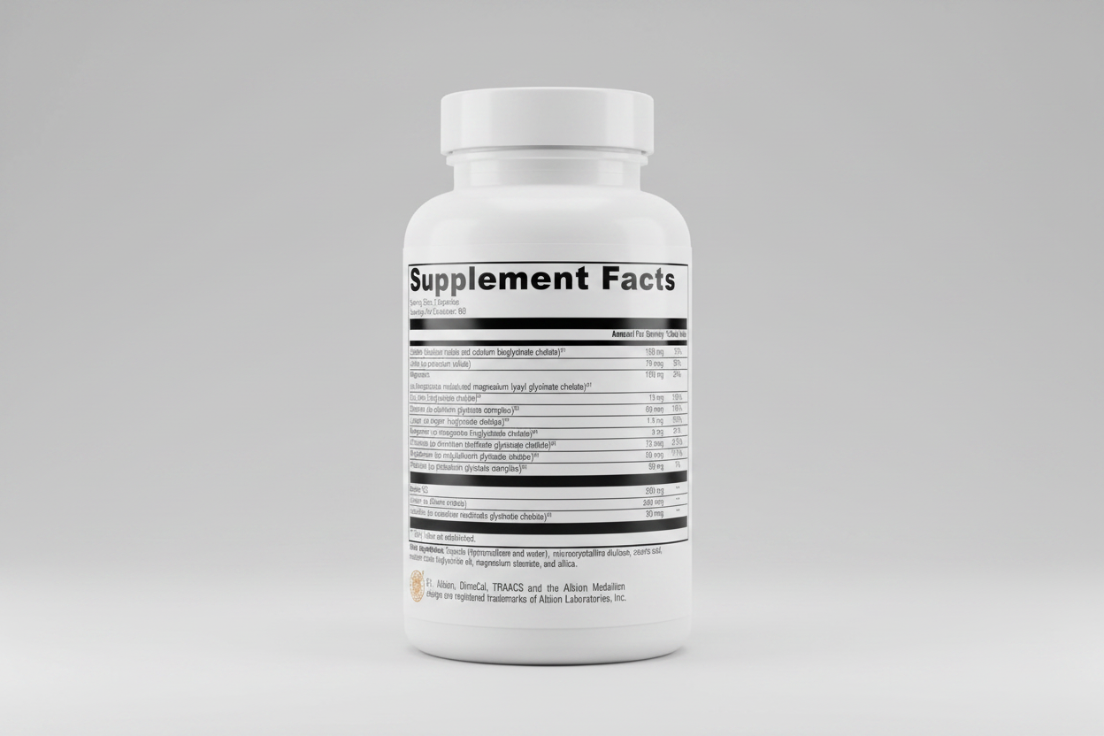 Supplement facts label with detailed nutritional information on a white background