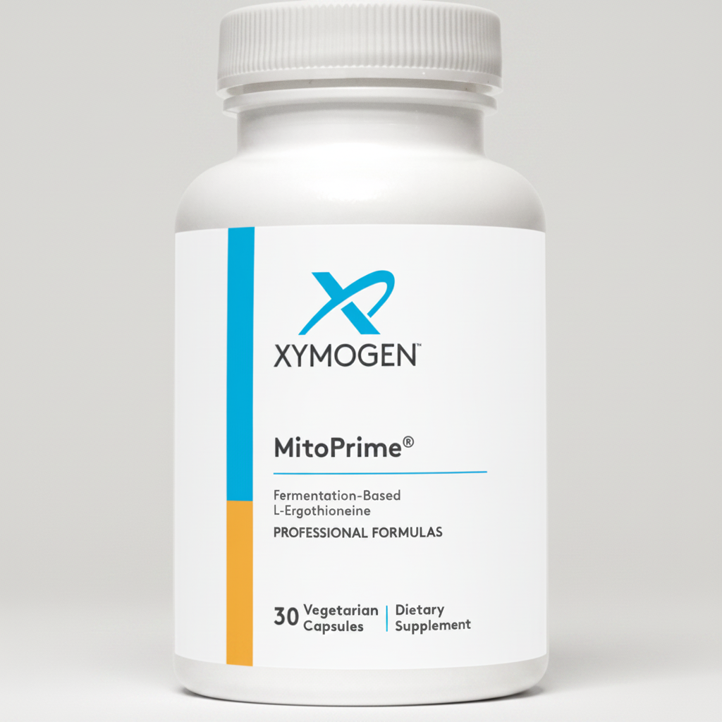 Supplement bottle labeled 'Xymogen MitoPrime' on a white background