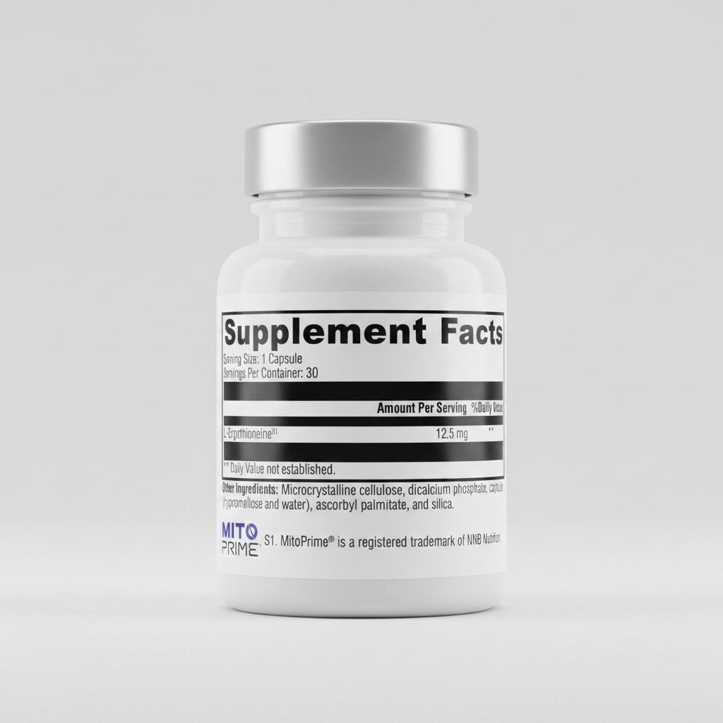 Supplement facts label for Mito Prime with L-Ergothioneine on a white background