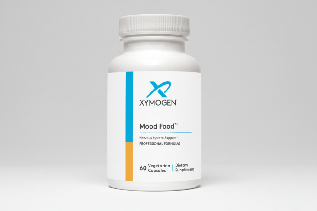 Supplement bottle labeled 'Xymogen Mood Food' on a white background