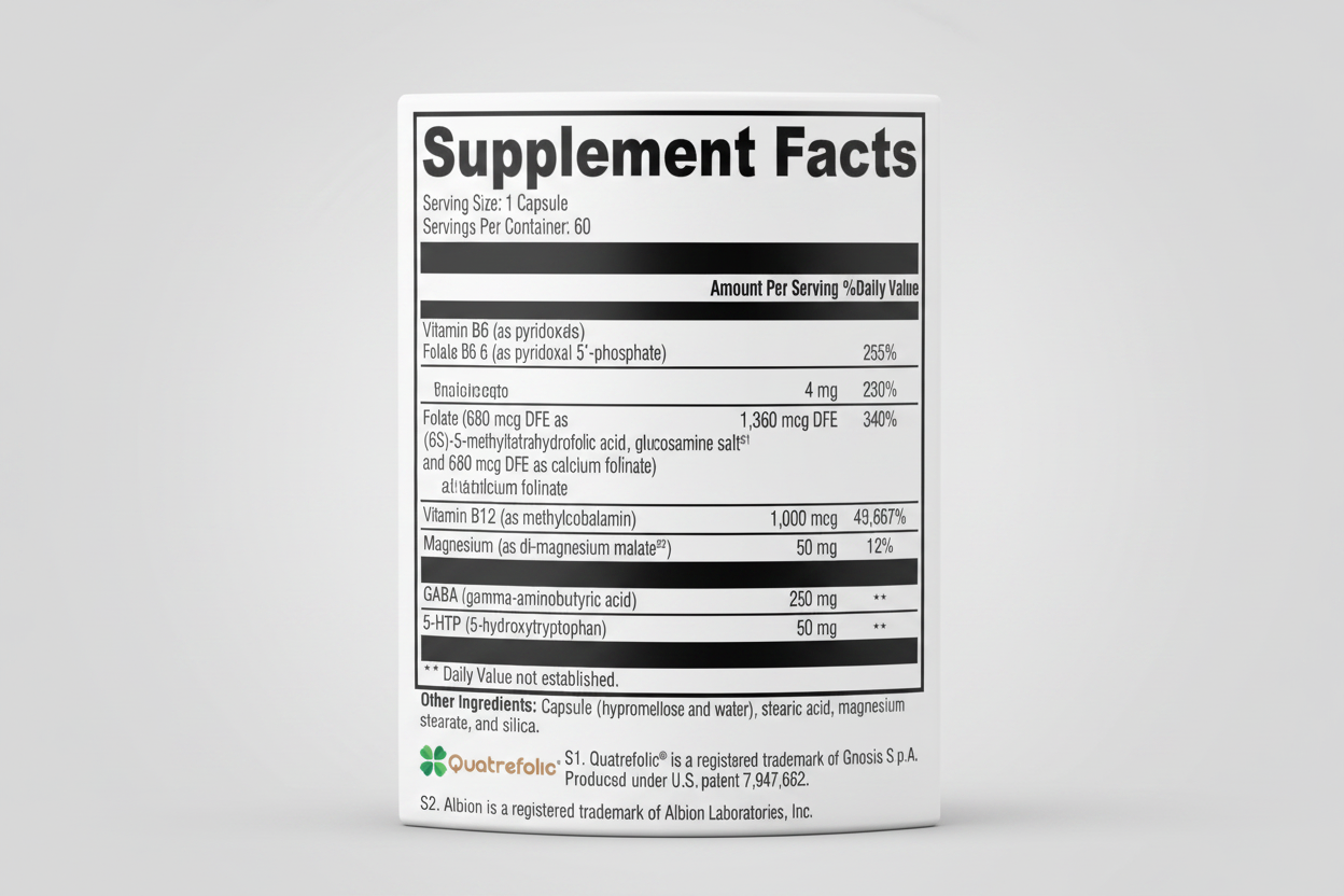 Supplement facts label with detailed nutritional information on a white background