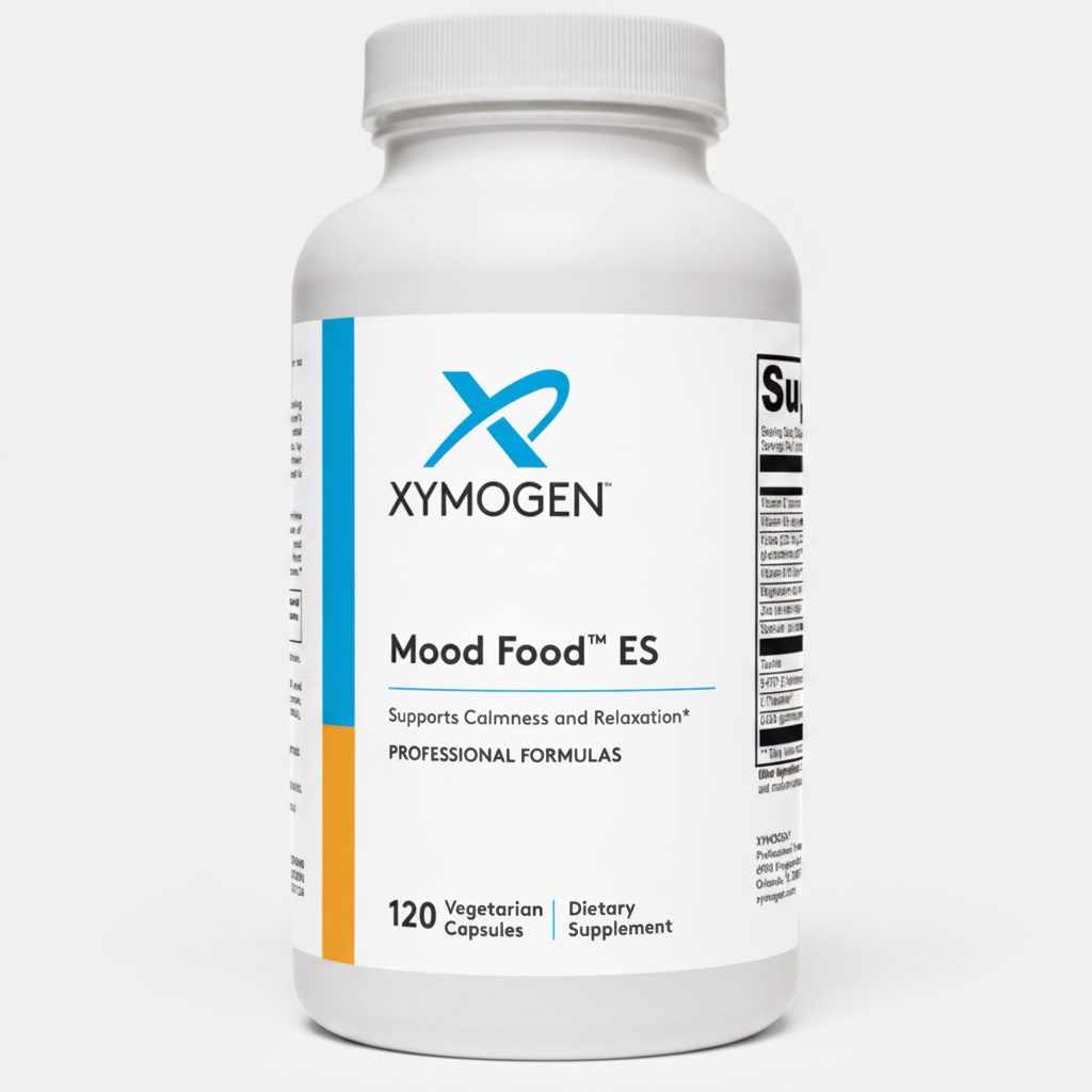 Supplement bottle labeled 'Mood Food ES' by Xymogen on a white background