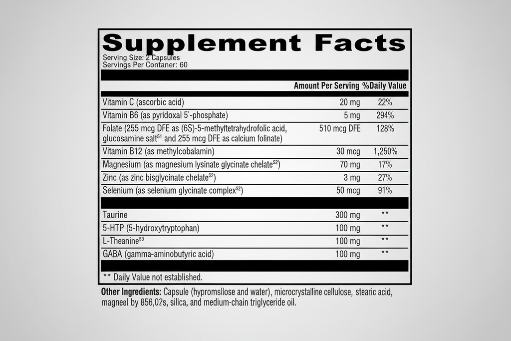 Supplement facts label with detailed nutritional information on a white background