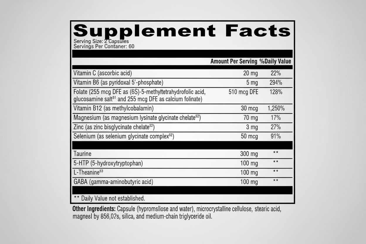Supplement facts label with detailed nutritional information on a white background