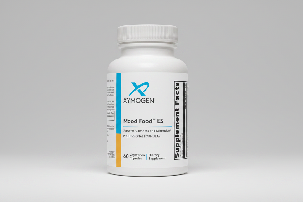 Xymogen Mood Food ES dietary supplement bottle on a white background