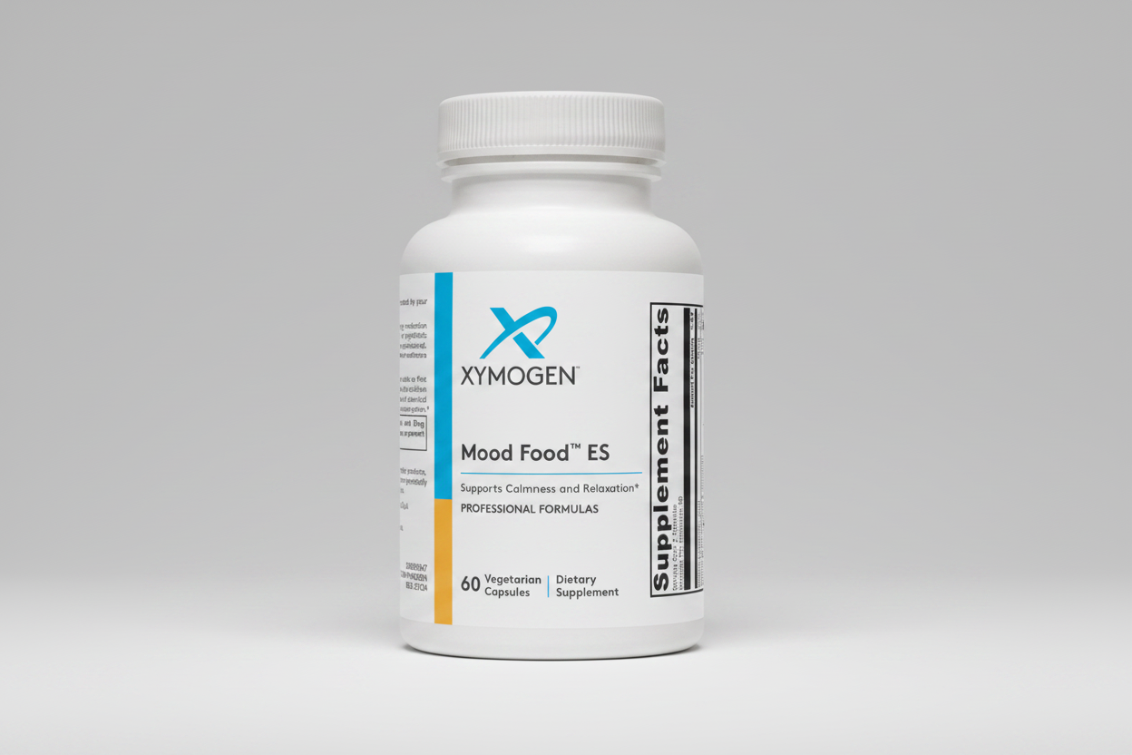 Xymogen Mood Food ES dietary supplement bottle on a white background