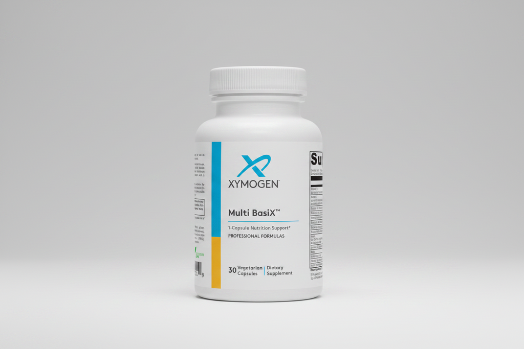 Xymogen Multi BasiX supplement bottle on a white background