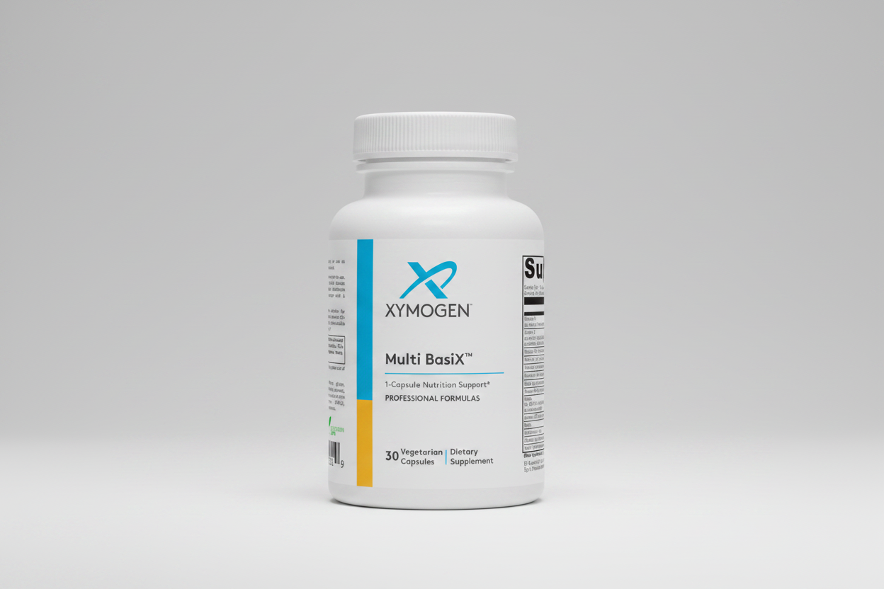 Xymogen Multi BasiX supplement bottle on a white background