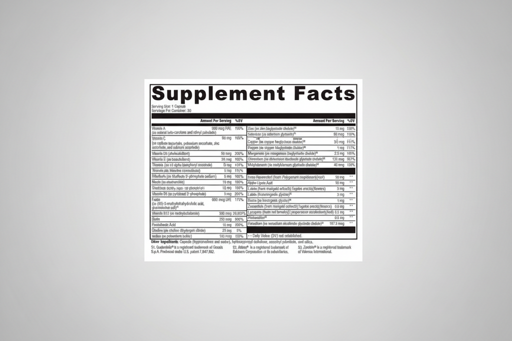 Supplement facts label with detailed nutritional information