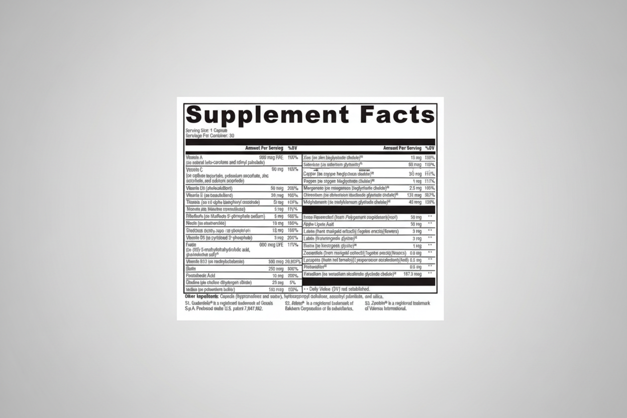 Supplement facts label with detailed nutritional information