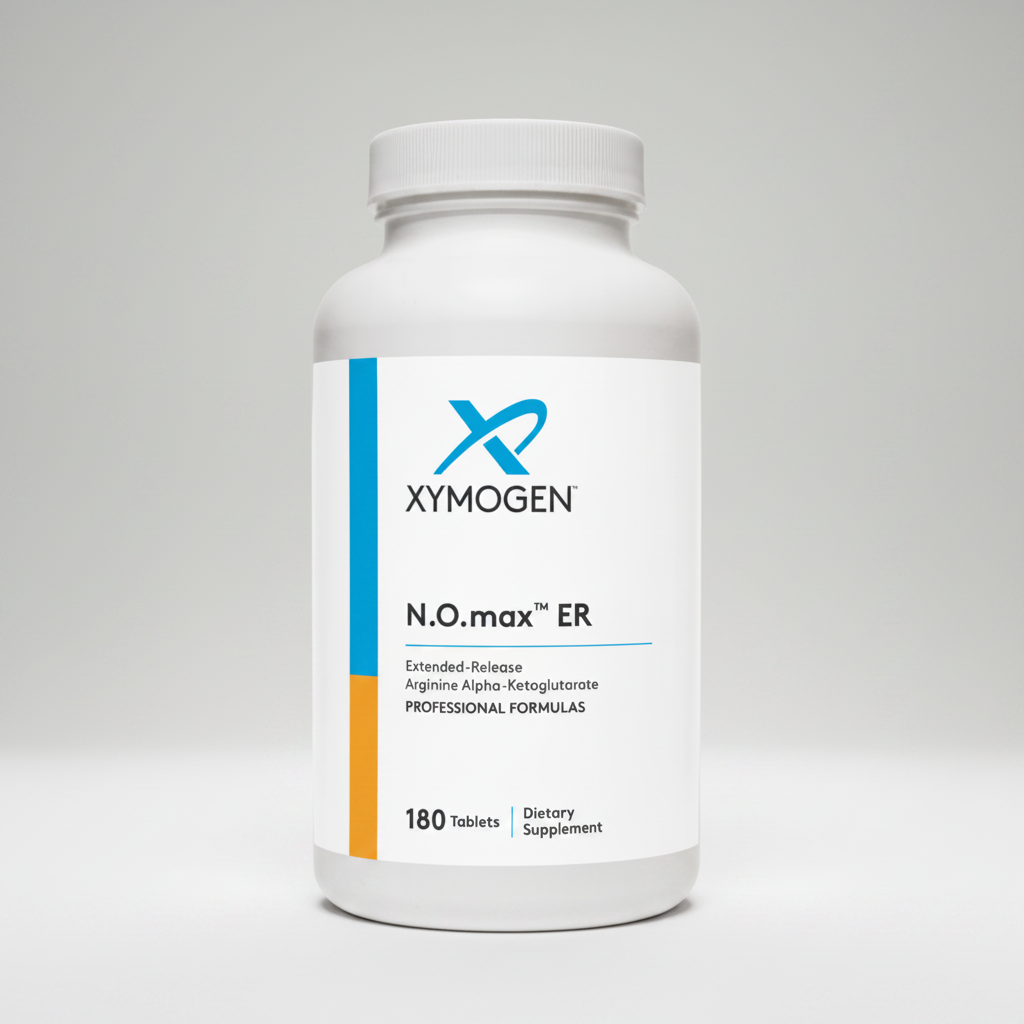 Xymogen N.O. max ER dietary supplement bottle on a white background