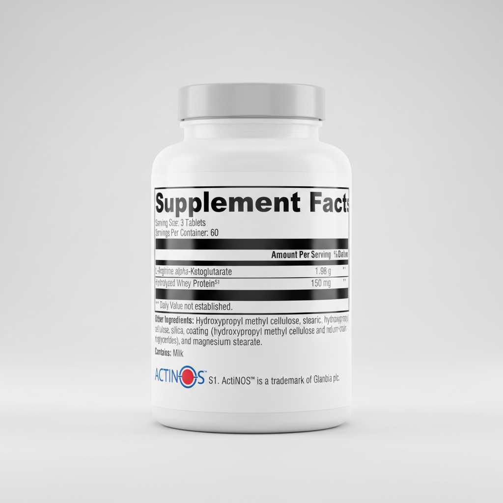 Supplement facts label with Actinos branding on a white background