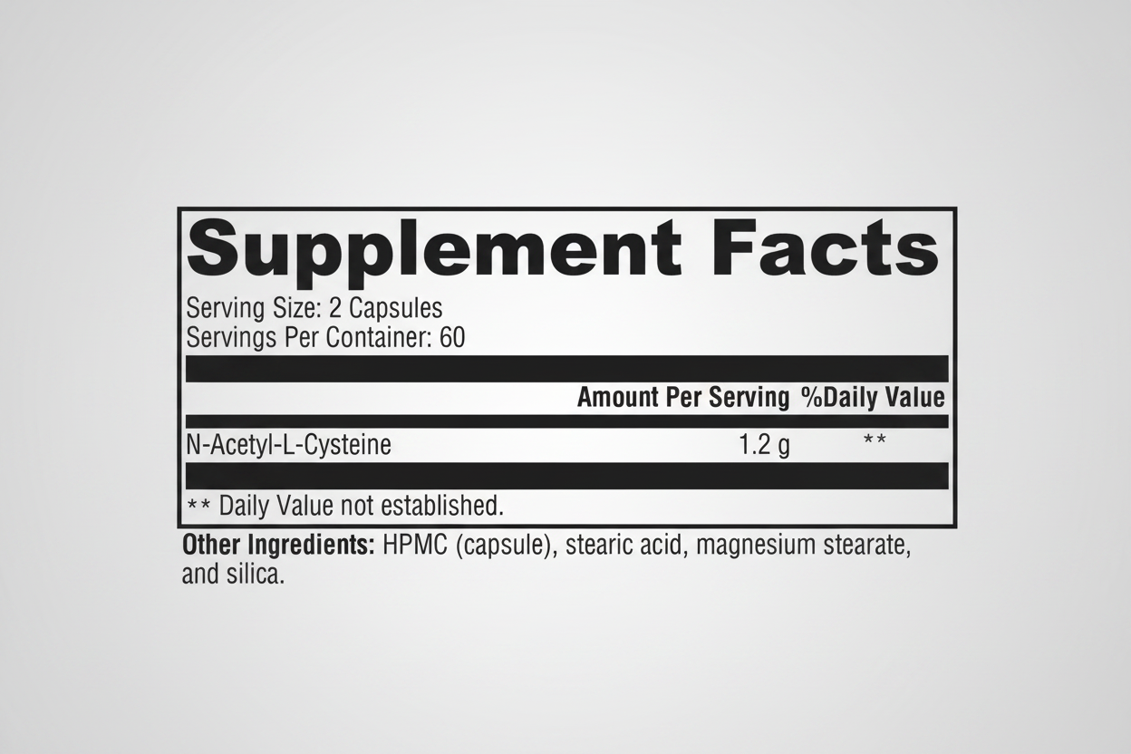 Supplement facts label with N-Acetyl-L-Cysteine on a white background