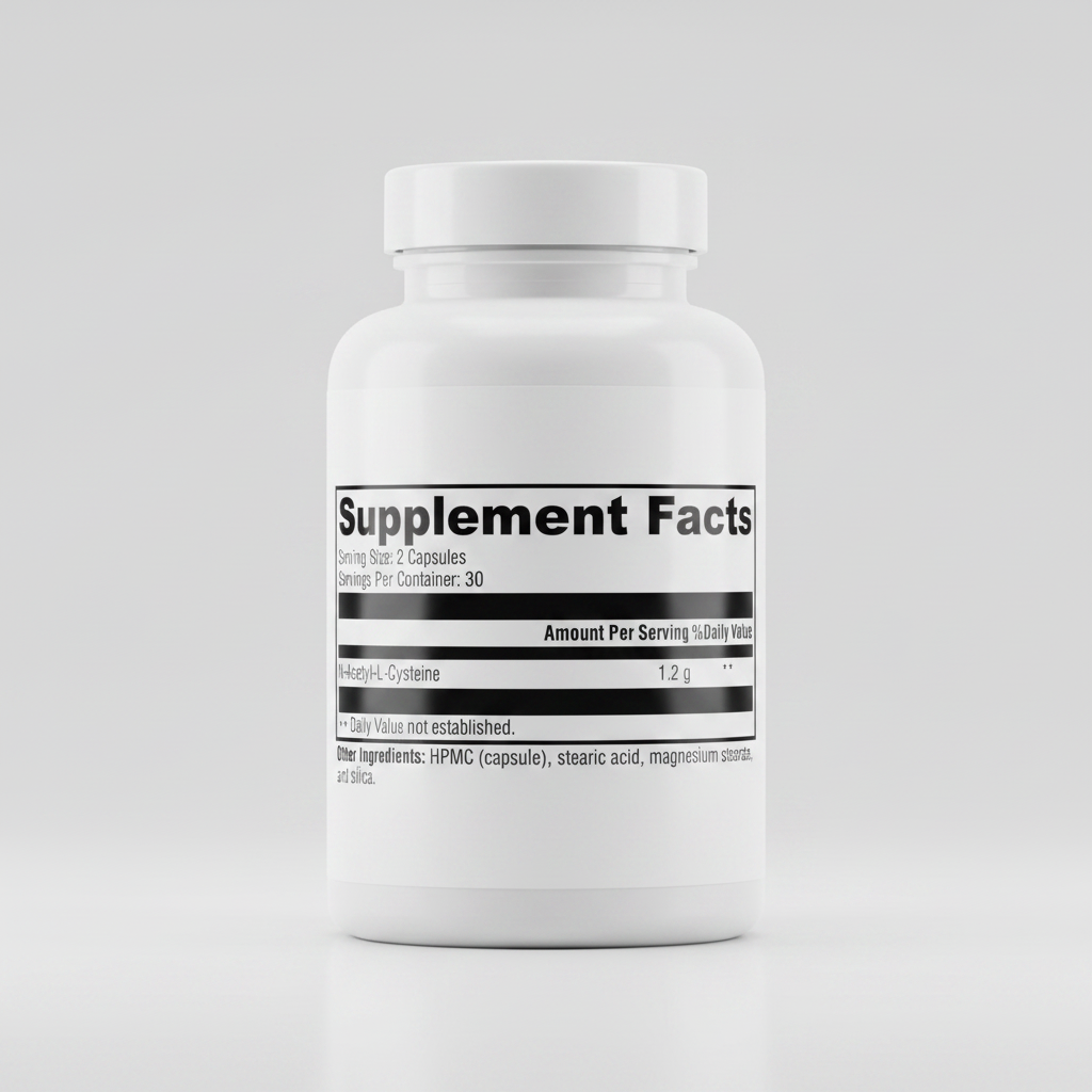 Supplement facts label with N-Acetyl-L-Cysteine on a white background