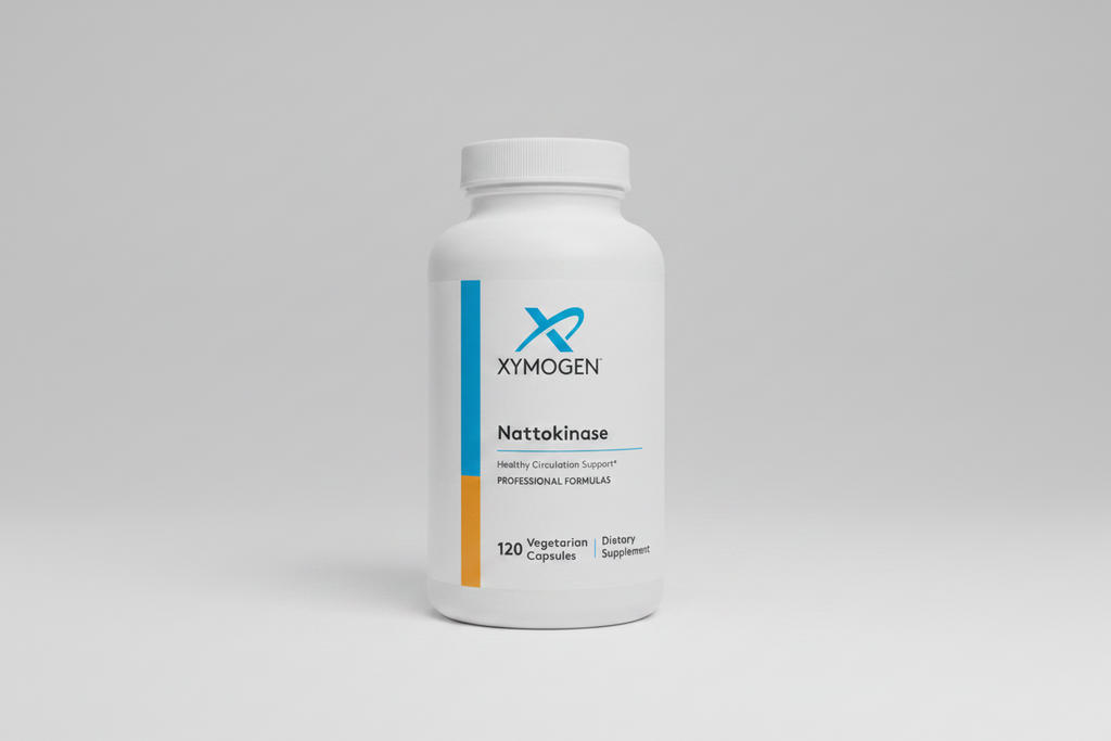 Supplement bottle labeled 'Xymogen Nattokinase' on a white background