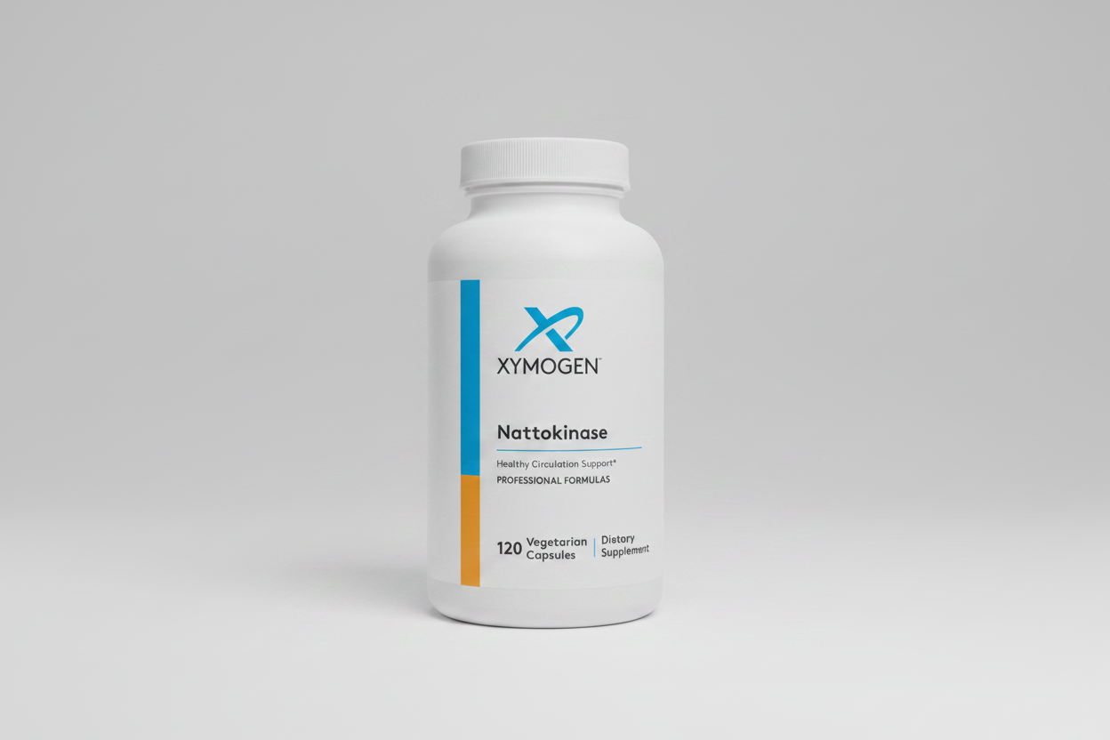 Supplement bottle labeled 'Xymogen Nattokinase' on a white background