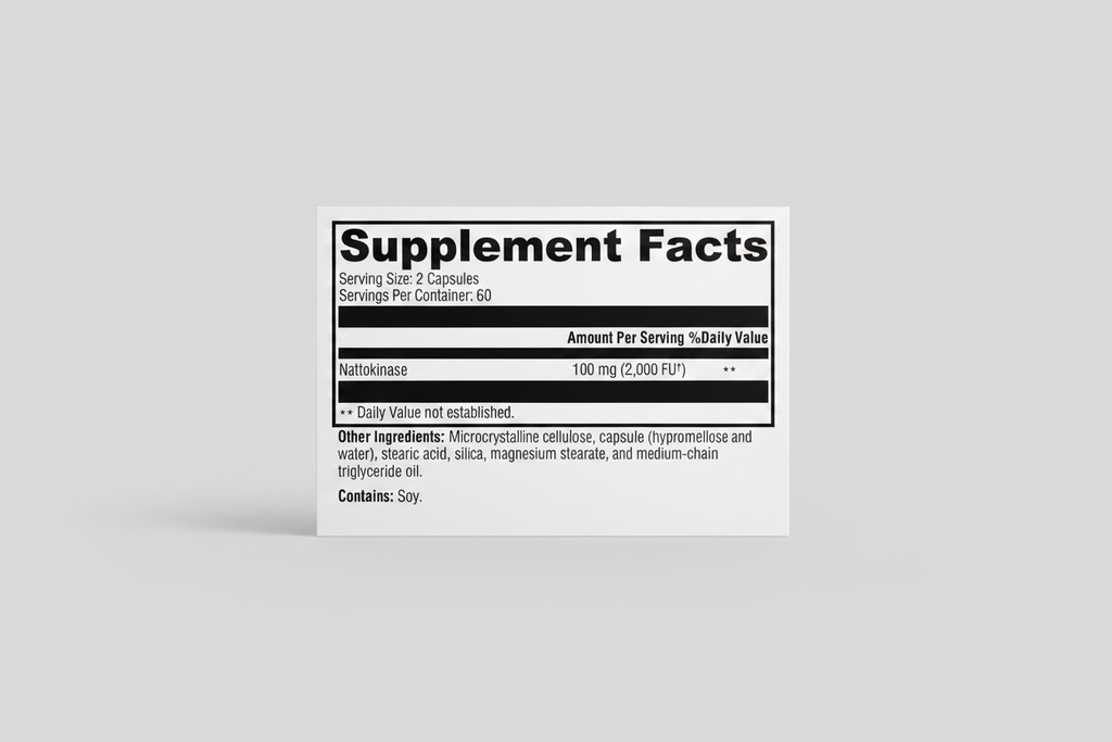 Supplement facts label with Nattokinase on a white background
