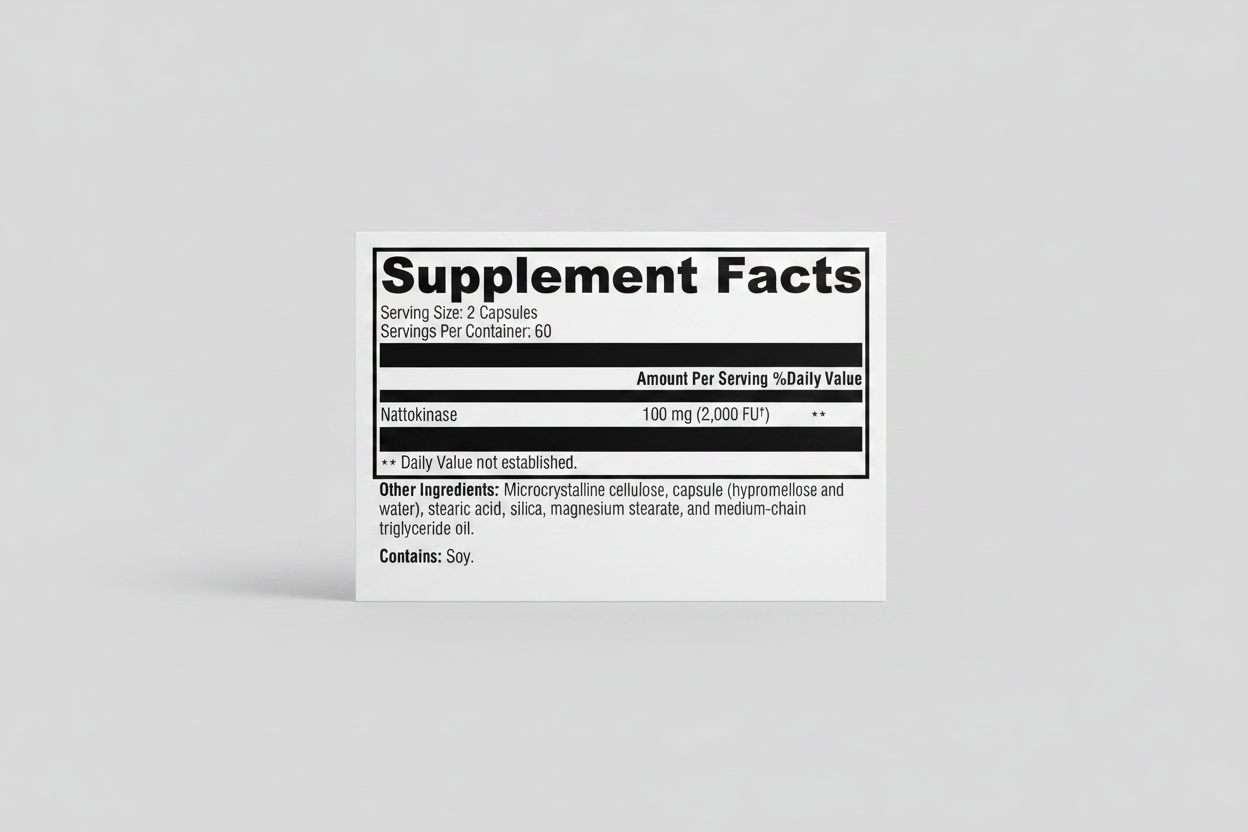 Supplement facts label with Nattokinase on a white background