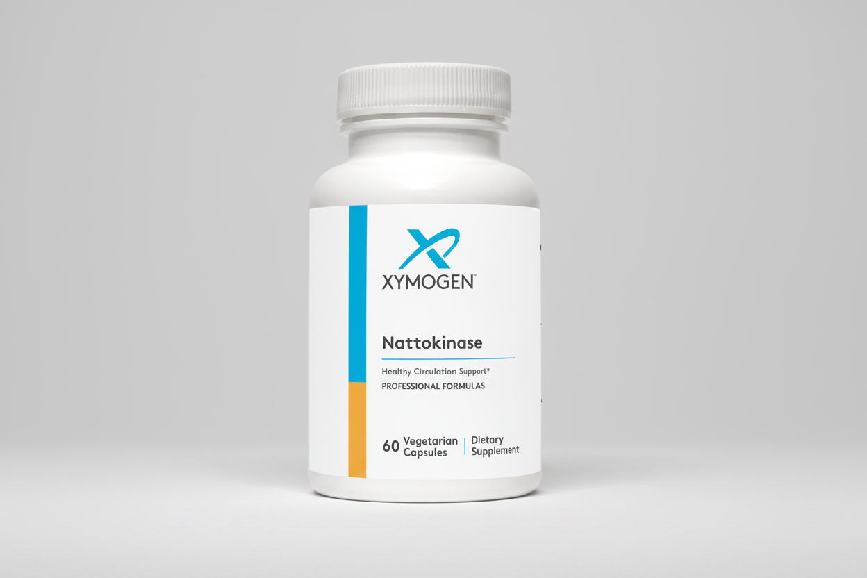 Xymogen Nattokinase dietary supplement bottle on a white background