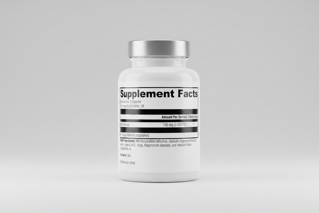 Supplement facts label with nattokinase content on a white background